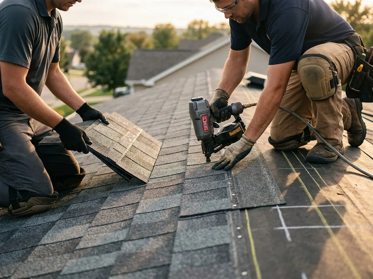 Professional roofer working on a residential roof in Grove